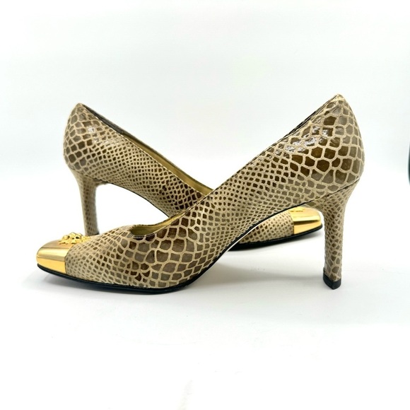 VINTAGE RAQUEL’S ANIMAL PRINT GREEN LEATHER HEEL SQUARE TOE GOLD MEDUSA HEAD 7.5 - Picture 8 of 14